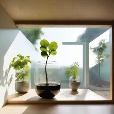 The modern house design featured a glass wall that allowed natural light to illuminate the embryo of a plant growing inside a transparent container.