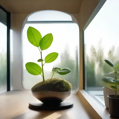 The modern house design featured a glass wall that allowed natural light to illuminate the embryo of a plant growing inside a transparent container.