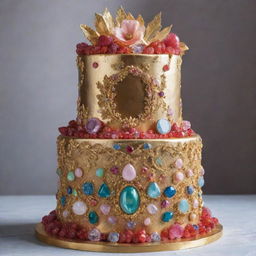 A lavish image of an extravagant cake worth $10000, lavishly decorated with edible precious gems, gold leaf, and other luxurious components, truly a confectionery masterpiece