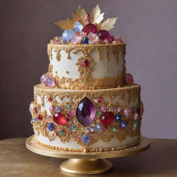 A lavish image of an extravagant cake worth $10000, lavishly decorated with edible precious gems, gold leaf, and other luxurious components, truly a confectionery masterpiece