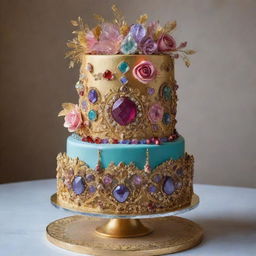 A lavish image of an extravagant cake worth $10000, lavishly decorated with edible precious gems, gold leaf, and other luxurious components, truly a confectionery masterpiece