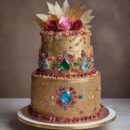 A lavish image of an extravagant cake worth $10000, lavishly decorated with edible precious gems, gold leaf, and other luxurious components, truly a confectionery masterpiece