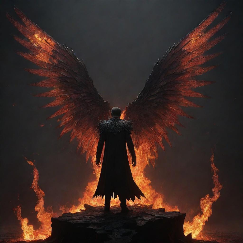 A figure with two shattered wings stands on the edge of a dark fiery pit, with the most precious thing to him on the other side. His desperate wish to reach it, contrasted by his inability to act