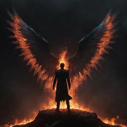 A figure with two shattered wings stands on the edge of a dark fiery pit, with the most precious thing to him on the other side. His desperate wish to reach it, contrasted by his inability to act