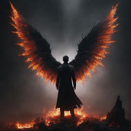 A figure with two shattered wings stands on the edge of a dark fiery pit, with the most precious thing to him on the other side. His desperate wish to reach it, contrasted by his inability to act