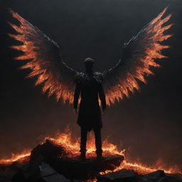 A figure with two shattered wings stands on the edge of a dark fiery pit, with the most precious thing to him on the other side. His desperate wish to reach it, contrasted by his inability to act