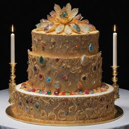 A breathtaking image of a $1 million worth cake, an absolute marvel of culinary art, embellished with rare edible jewels, intricate designs in edible 24k gold, and the essence of superior extravagance