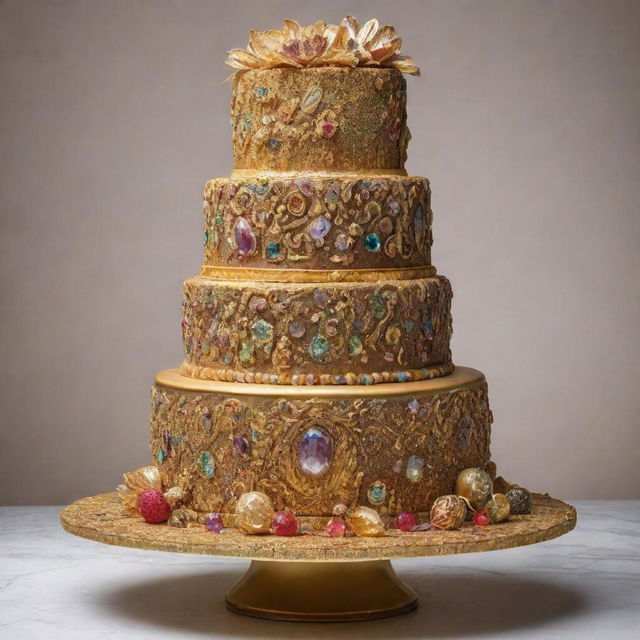 A breathtaking image of a $1 million worth cake, an absolute marvel of culinary art, embellished with rare edible jewels, intricate designs in edible 24k gold, and the essence of superior extravagance