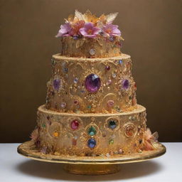 A breathtaking image of a $1 million worth cake, an absolute marvel of culinary art, embellished with rare edible jewels, intricate designs in edible 24k gold, and the essence of superior extravagance