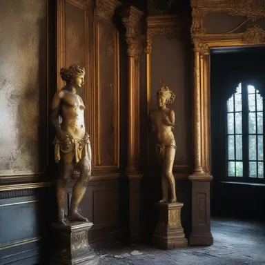 In the abandoned mansion, the walls were adorned with gilding metal statues that seemed to come alive in the moonlight.