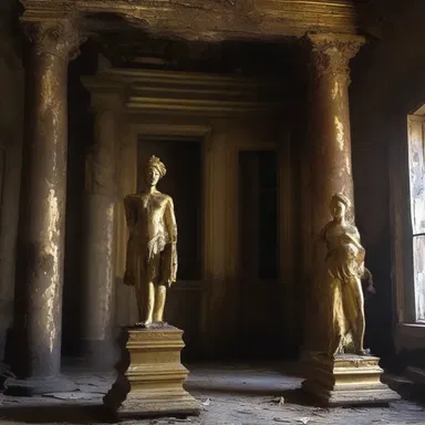 In the abandoned mansion, the walls were adorned with gilding metal statues that seemed to come alive in the moonlight.