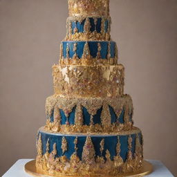 A staggering image of a $10 million cake, the epitome of luxury constructed with culinary brilliance, studded with high-value edible gems, layered in gold leaf, and displaying unfathomable opulence and craftsmanship