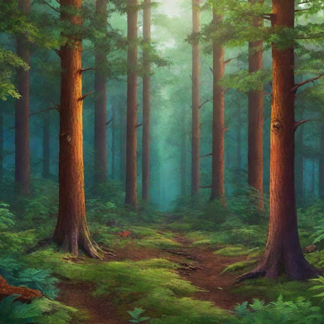 High-quality, detailed forest background with vibrant colors and rich textures.