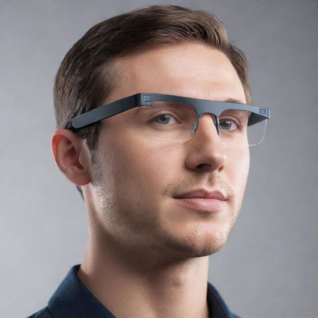 A 3D model of an elegant pair of smart glasses that function as a phone, yet offer superior functionality, designed with modern aesthetics.