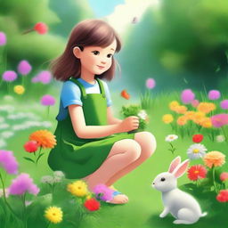 A high-quality digital art showcasing a young girl engrossed in gardening amidst a lush green nature setting