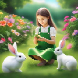 A high-quality digital art showcasing a young girl engrossed in gardening amidst a lush green nature setting