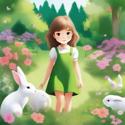 A high-quality digital art showcasing a young girl engrossed in gardening amidst a lush green nature setting