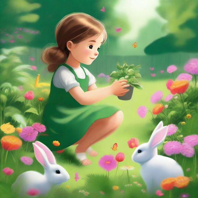 A high-quality digital art showcasing a young girl engrossed in gardening amidst a lush green nature setting