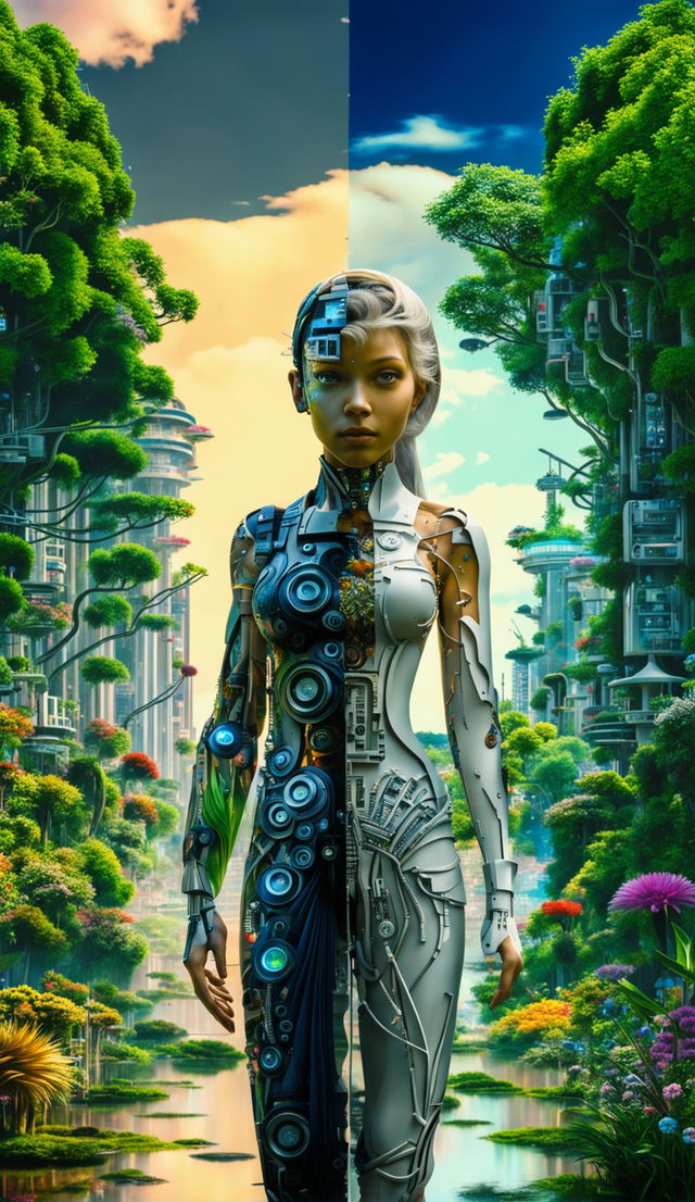 An HD photograph depicting a cyborg in a landscape that mirrors its dual nature: one side organic with lush greenery, the other technological with neon-lit skyscrapers.