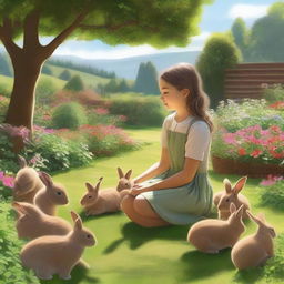 A high-resolution digital art piece depicts a young girl in the midst of gardening