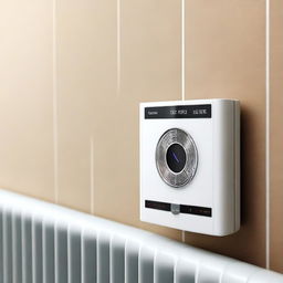 A high-resolution digital art piece illustrating a 'Smarter Heizkörperthermostat' attached to a traditional German radiator