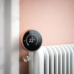 A high-resolution digital art piece illustrating a 'Smarter Heizkörperthermostat' attached to a traditional German radiator