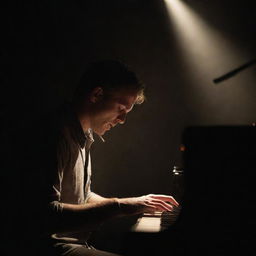 A passionate musician engrossed in playing a glistening instrument under a spotlight on a dimly lit stage