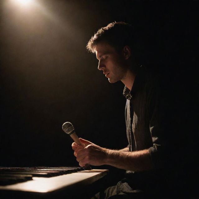 A passionate musician engrossed in playing a glistening instrument under a spotlight on a dimly lit stage