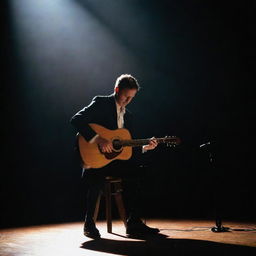 A passionate musician engrossed in playing a glistening instrument under a spotlight on a dimly lit stage