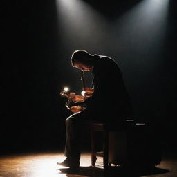 A passionate musician engrossed in playing a glistening instrument under a spotlight on a dimly lit stage