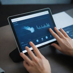 A point of view image of hands interacting with a high-tech device user interface.