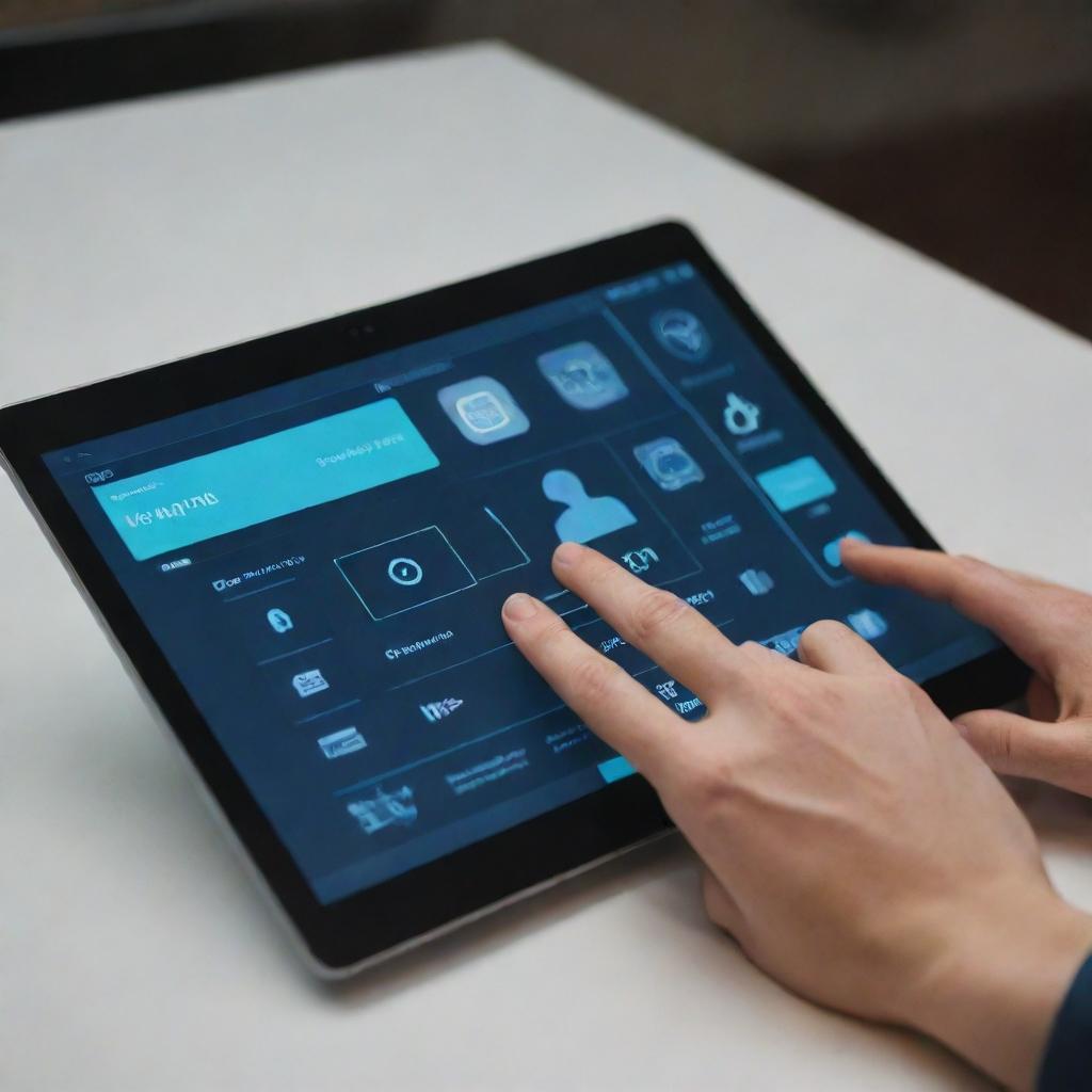 A point of view image of hands interacting with a high-tech device user interface.