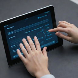 A point of view image of hands interacting with a high-tech device user interface.