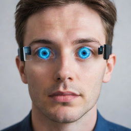 A first-person perspective of a user interacting with an innovative, high-tech device worn over the eye.