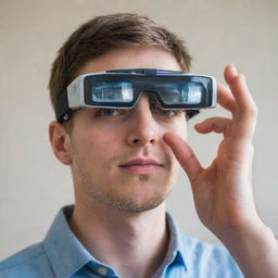 A first-person perspective of a user interacting with an innovative, high-tech device worn over the eye.