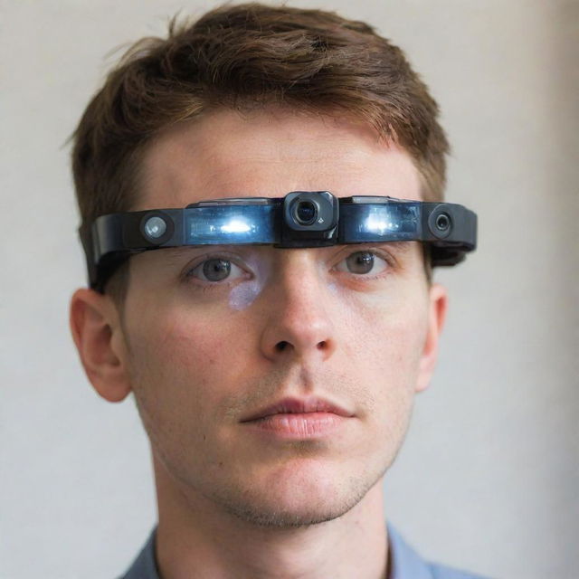 A first-person perspective of a user interacting with an innovative, high-tech device worn over the eye.