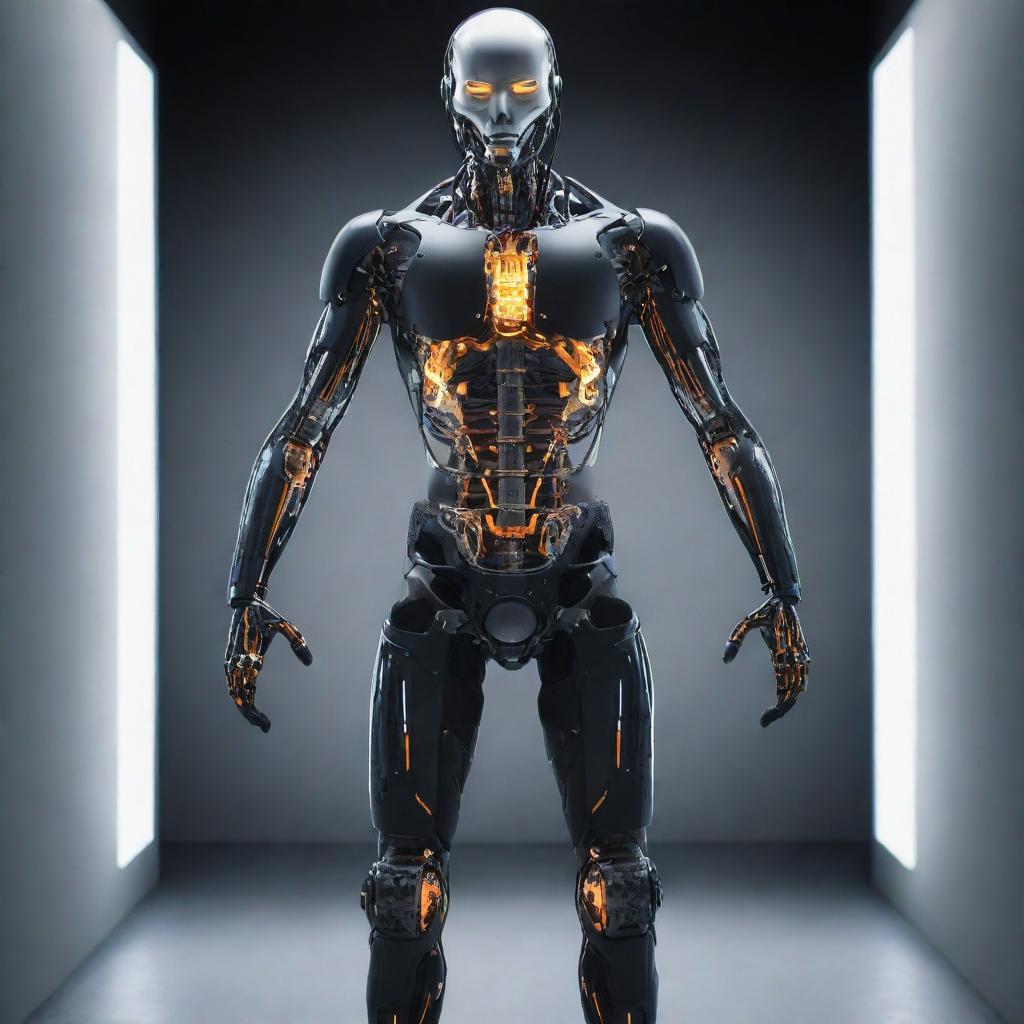 An image showcasing a powerful, sophisticated exoskeleton, built from advanced materials, glowing with energy.