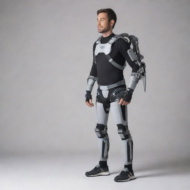 An image of a universal, user-friendly exoskeleton, designed to be worn by any individual, highlighting its adaptability and versatility.