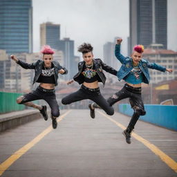 Three punk style youngsters energetically jumping over a Trasmilenio station in Bogotá, Colombia. They are dressed in colorful, eye-catching punk fashion, against the backdrop of the bustling cityscape.