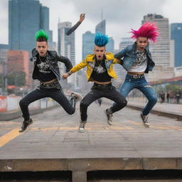 Three punk style youngsters energetically jumping over a Trasmilenio station in Bogotá, Colombia. They are dressed in colorful, eye-catching punk fashion, against the backdrop of the bustling cityscape.