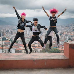 Three punk style youngsters energetically jumping over a Trasmilenio station in Bogotá, Colombia. They are dressed in colorful, eye-catching punk fashion, against the backdrop of the bustling cityscape.