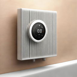 A high-resolution digital art representation of a 'Smarter Heizkörperthermostat' firmly attached to a traditional German radiator