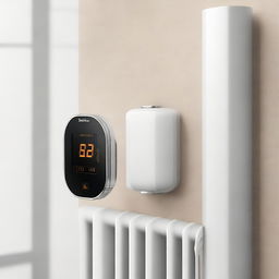 A high-resolution digital art representation of a 'Smarter Heizkörperthermostat' firmly attached to a traditional German radiator
