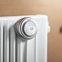 A high-resolution digital art representation of a 'Smarter Heizkörperthermostat' firmly attached to a traditional German radiator