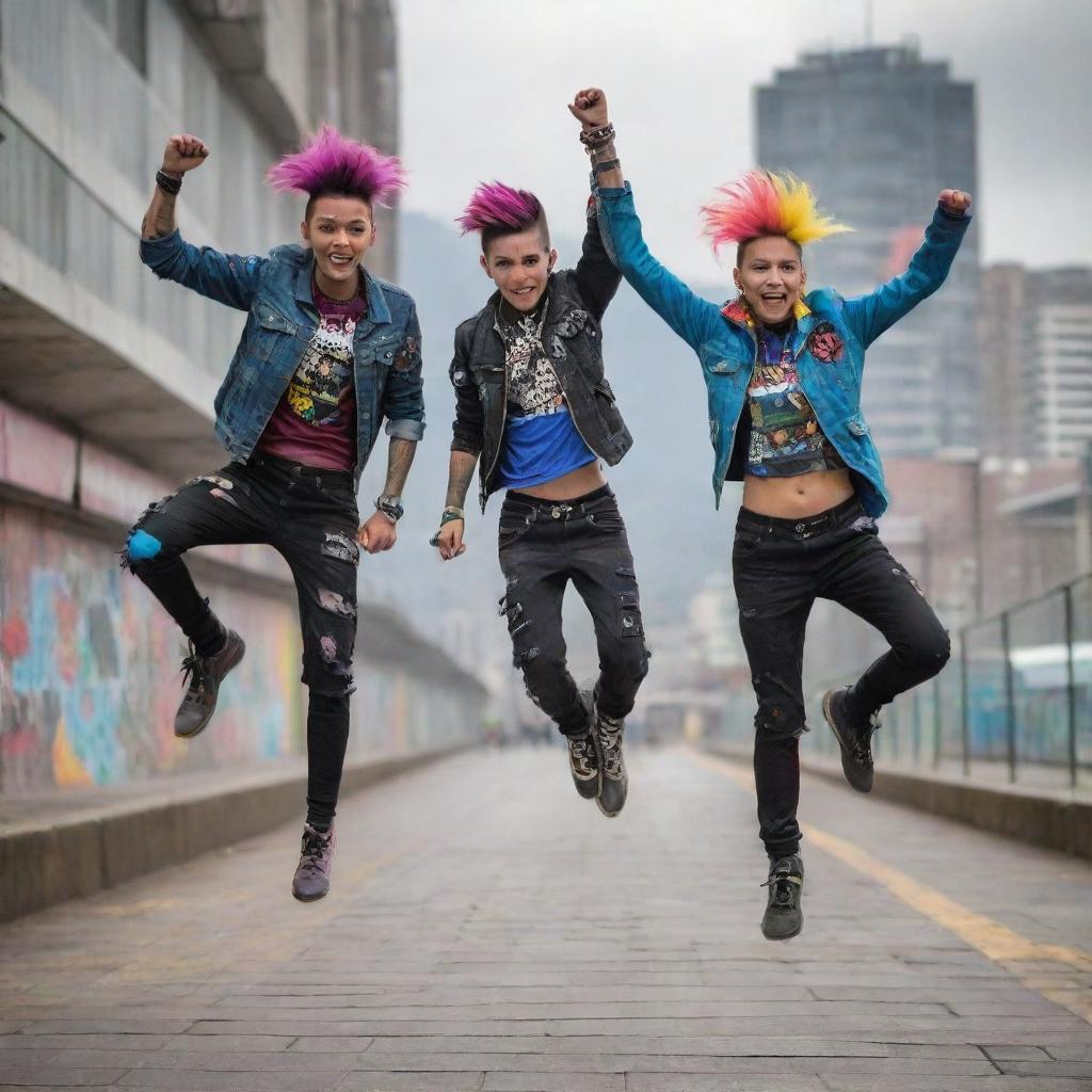 Three punk style youngsters energetically jumping over a Trasmilenio station in Bogotá, Colombia. They are dressed in colorful, eye-catching punk fashion, against the backdrop of the bustling cityscape.