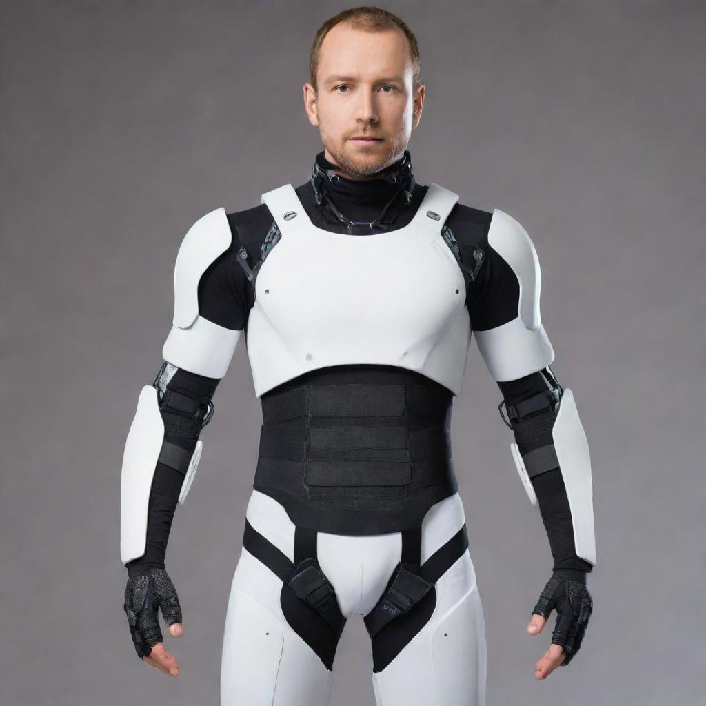 Image of an advanced technology exoskeleton, adaptive and universal, capable of augmenting human strength and precision, suitable for anyone to wear.