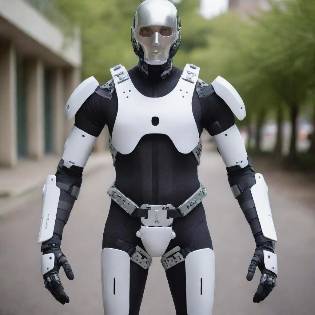 Image of an advanced technology exoskeleton, adaptive and universal, capable of augmenting human strength and precision, suitable for anyone to wear.