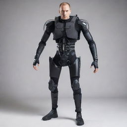 Image of an advanced technology exoskeleton, adaptive and universal, capable of augmenting human strength and precision, suitable for anyone to wear.