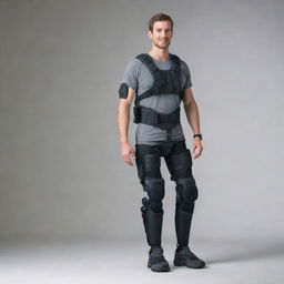 An image of an advanced technology exoskeleton, specializing in knee, spine, and joint support, designed to aid mobility for disabled people, showing its adaptability and human-centered design.