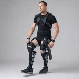 An image of an advanced technology exoskeleton, specializing in knee, spine, and joint support, designed to aid mobility for disabled people, showing its adaptability and human-centered design.